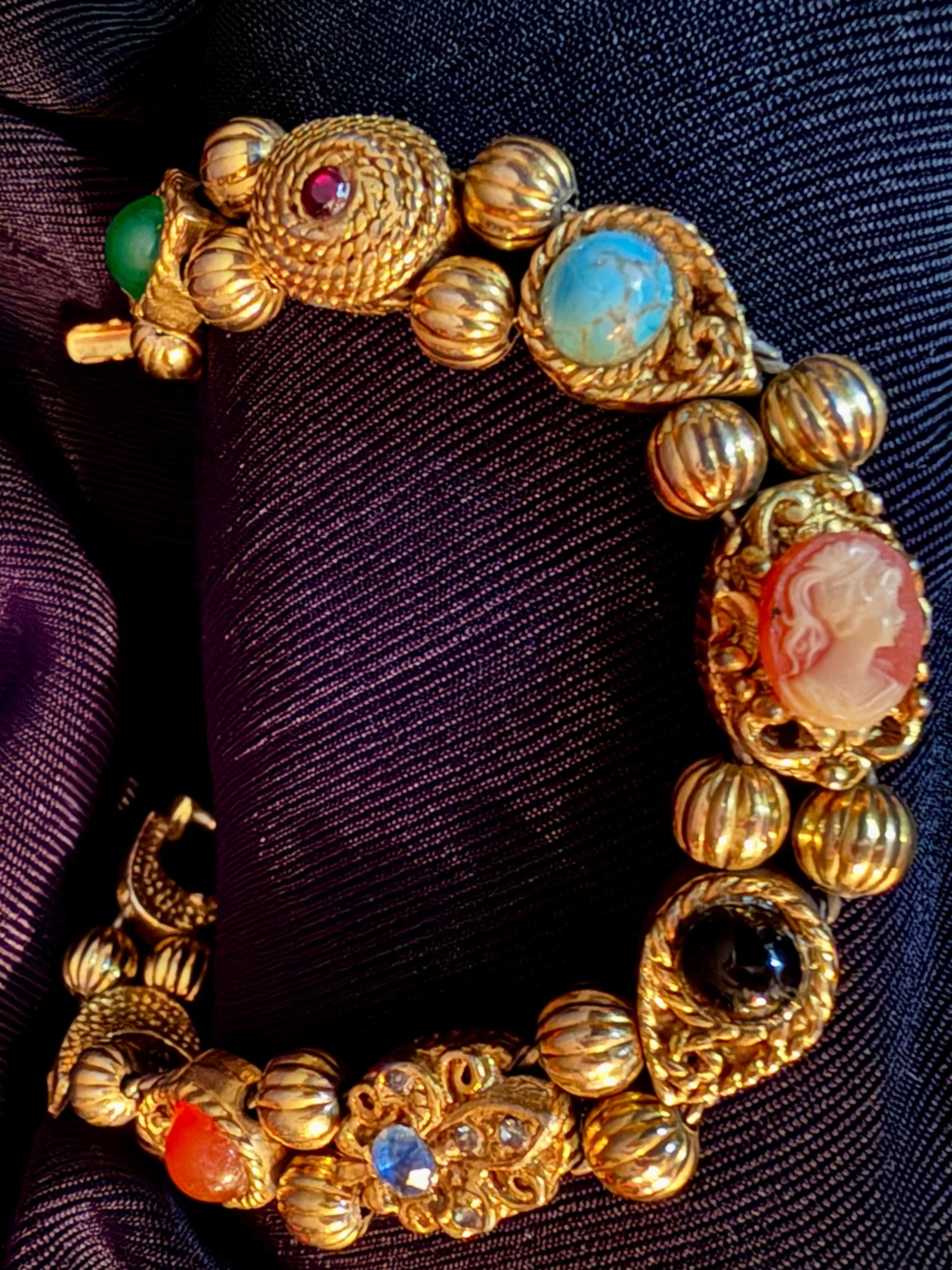 Vintage Gold Gorgeous Cameo, Turquoise, Black Onyx, Jade, Amber & Blue Topaz